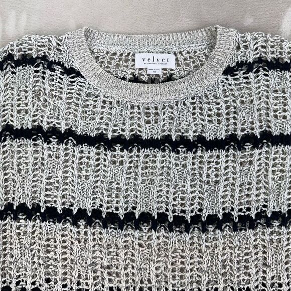 Velvet by Graham & Spencer Sweater Women’s XS-S Gray Black Fringe Boho Open Knit - Picture 2 of 9